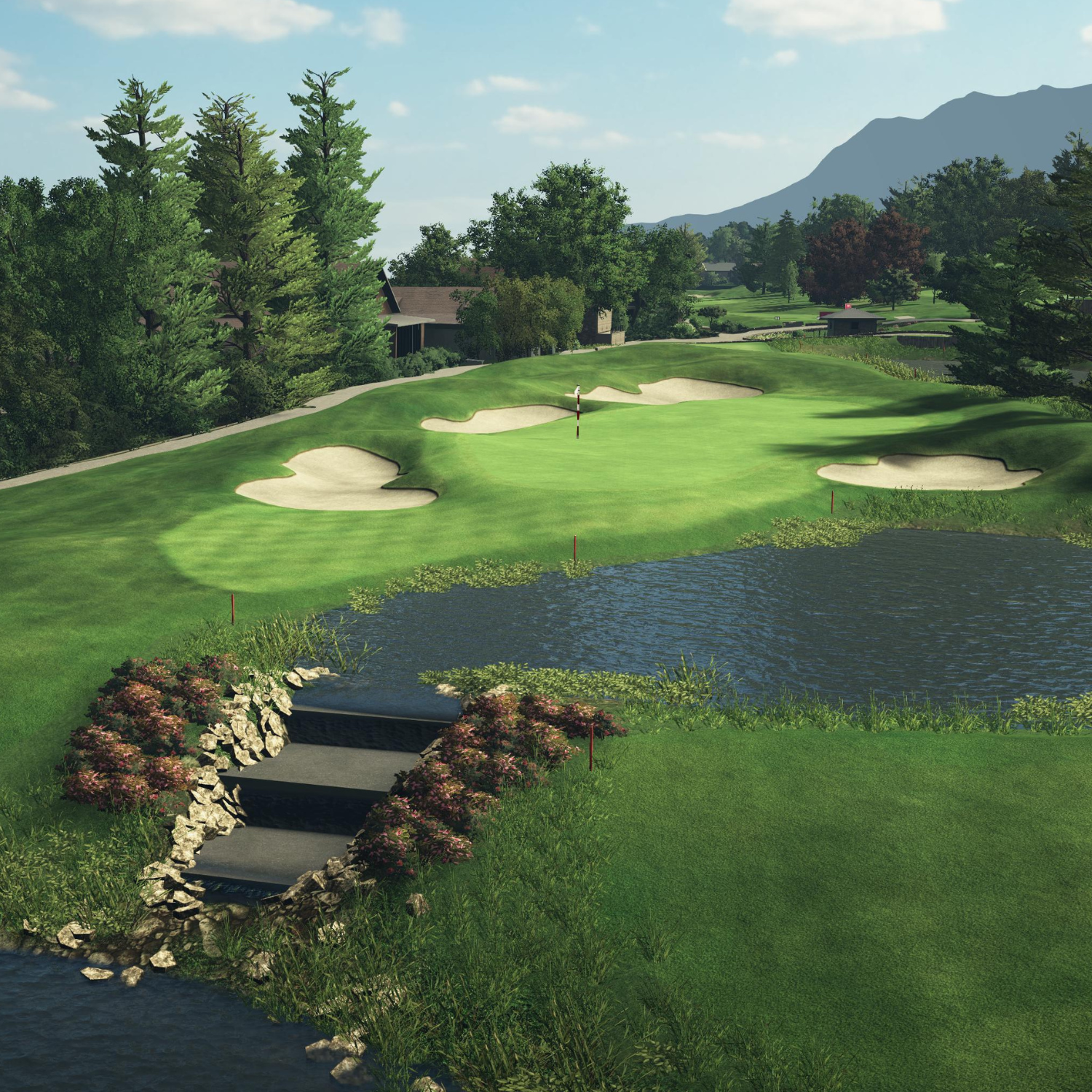 Close-up view of the green at Evian Resort golf course, featuring strategic sand bunkers, a challenging water hazard, and lush landscaping rendered in high-definition for golf simulator play.