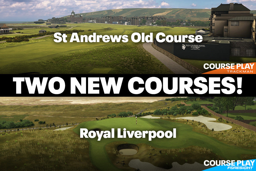 High-definition 3D simulation of the Old Course at St Andrews on SKYTRAK featuring the iconic Swilcan Bridge and R&A Clubhouse visuals for indoor golf.