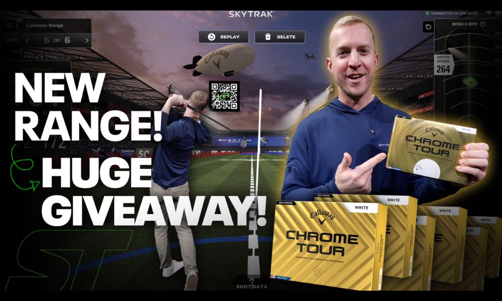 Promotional image for a golf product giveaway with a person holding golf bags and text about a new range and giveaway.