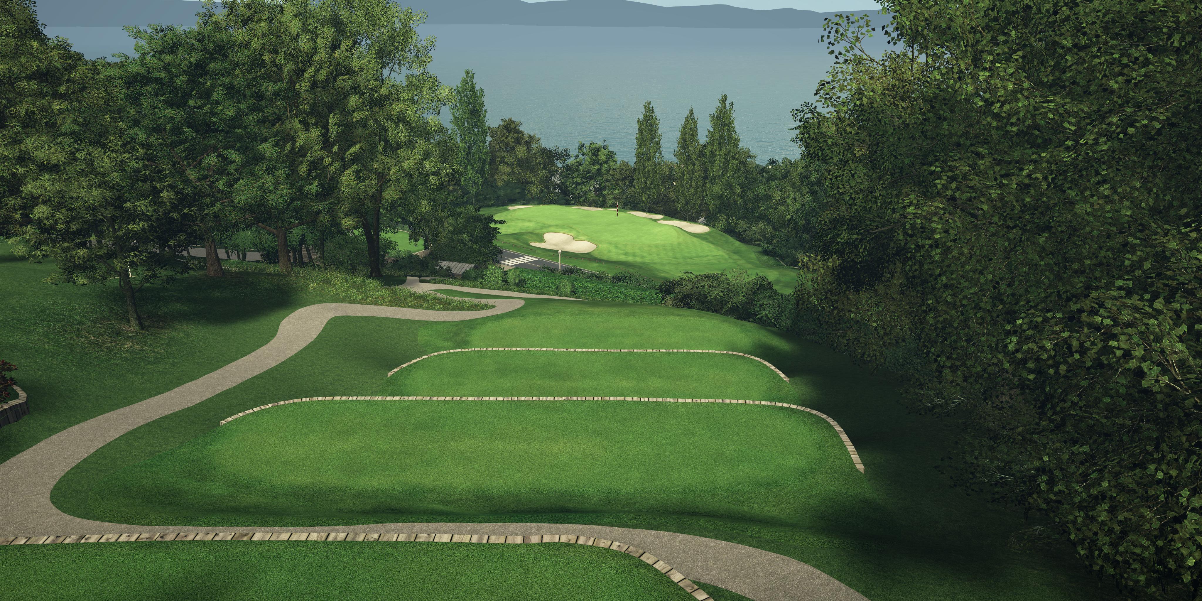 Scenic view of the Evian Resort Golf Club in a golf simulator, showcasing a lush green fairway, sand bunkers, and a stunning backdrop of Lake Geneva.