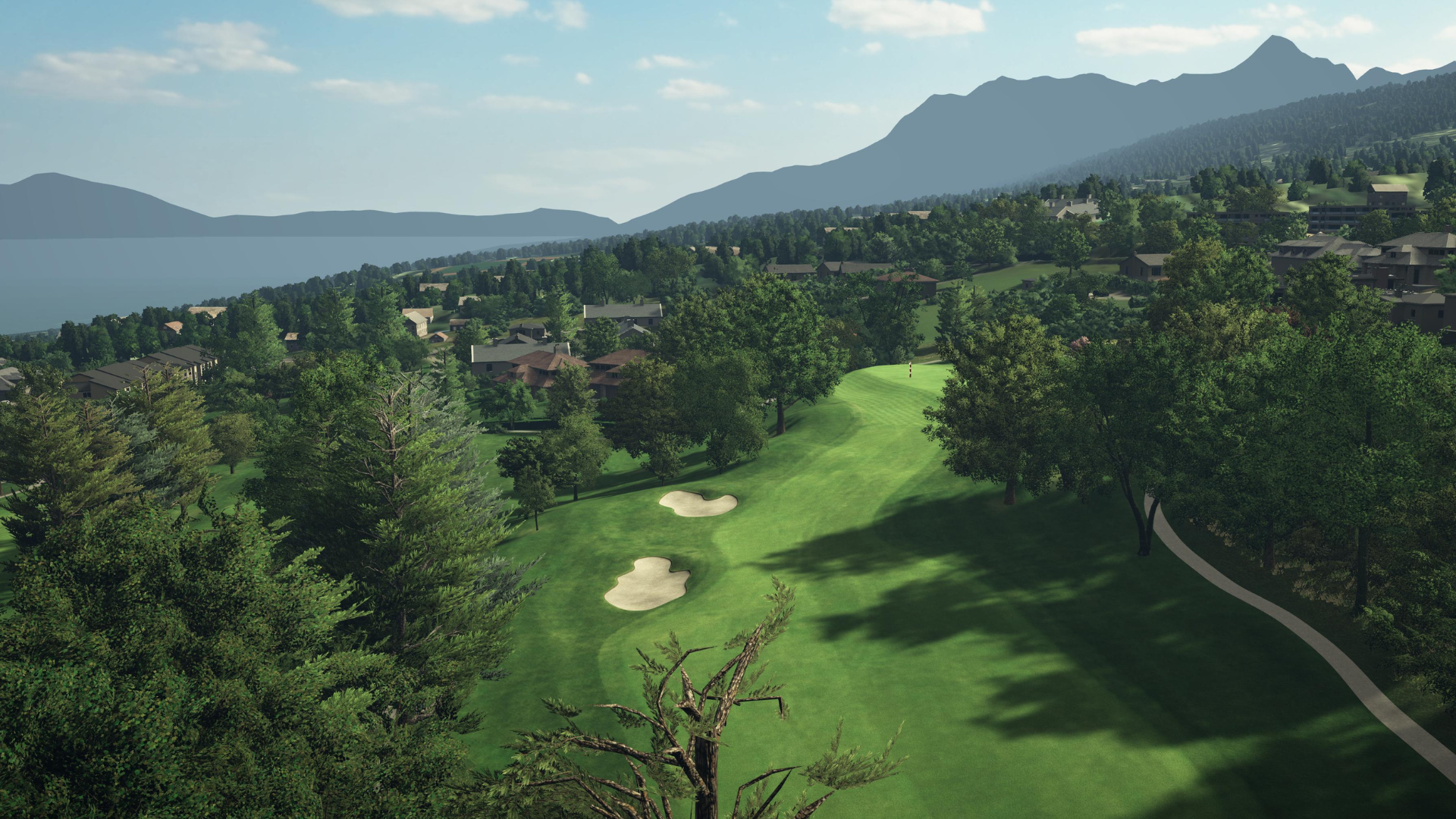 Panoramic desktop header view of the Evian Resort golf course, featuring meticulously rendered fairways, strategic sand bunkers, lush forest borders, and a scenic mountain backdrop, optimized for premium golf simulator experiences.