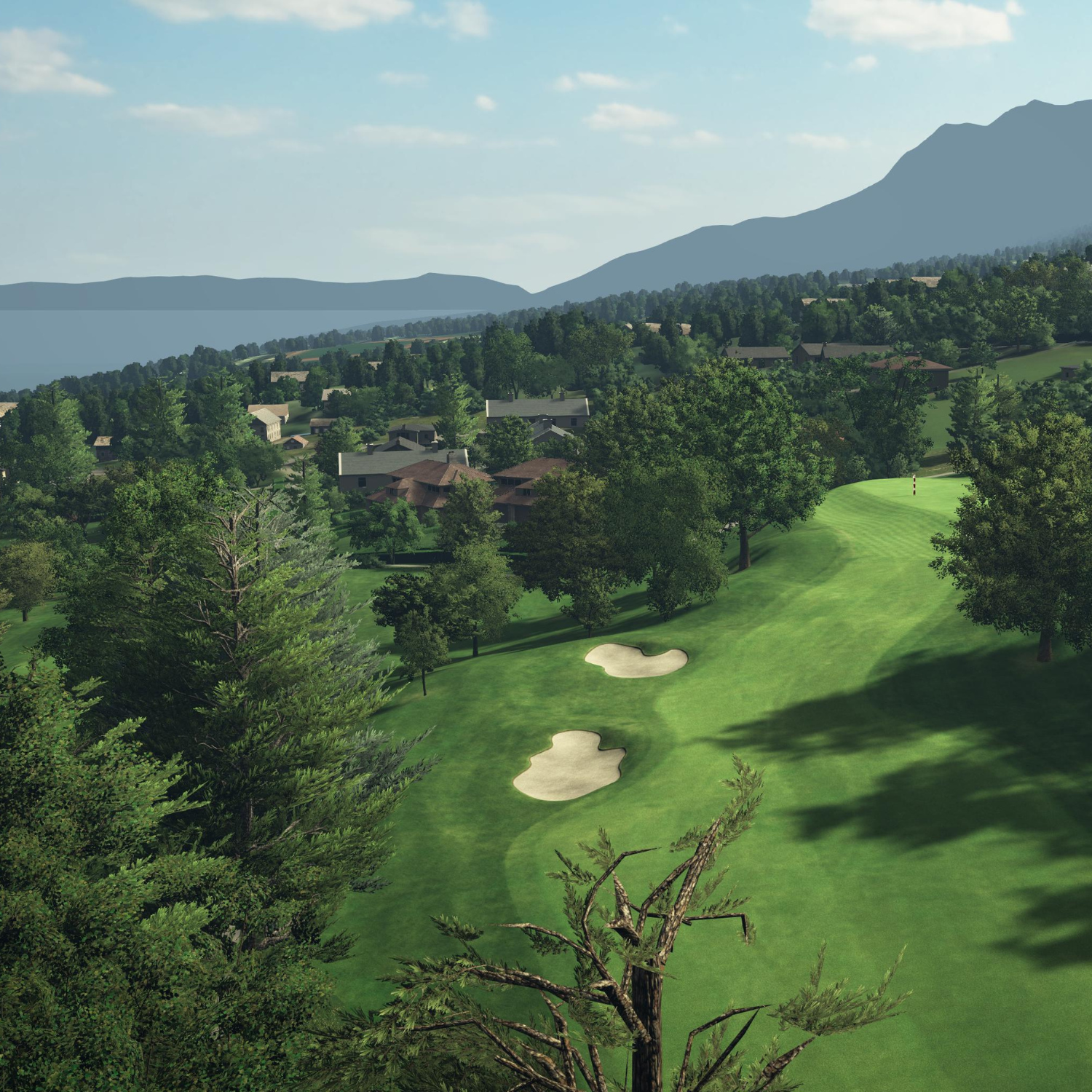 Panoramic view of the Evian Resort golf course featuring lush green fairways, strategic sand bunkers, and mountainous backdrop, rendered for premium golf simulator play.