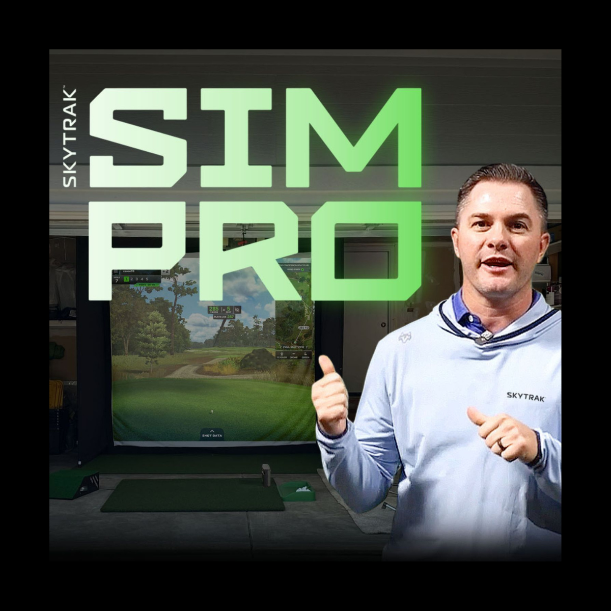 Brand representative presenting the SKYTRAK SimPro golf simulator system, featuring a professional-grade impact screen and real-time simulator software, highlighting a premium indoor golf training solution.